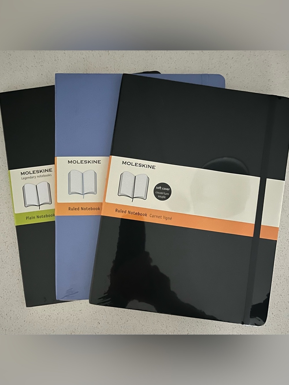 3 Moleskine XL 7x10 Soft Cover Notebooks, 2 Ruled, 1 Plain NWT Black Brown Blue